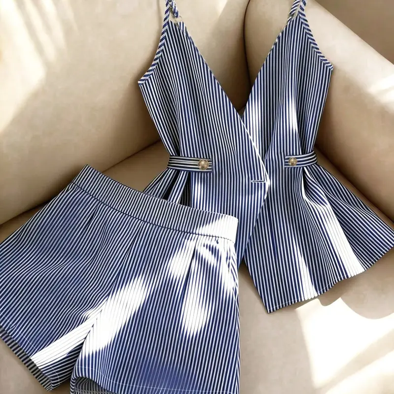 Women's Spaghetti Strap V Neck Tie Waist Top & High Waist Wide-Leg Shorts 2 Piece Set, Blue & White Striped Print Matching Outfit, Casual Co-ord Set for Beach, Vacation, Date Night & Daily Wear, Trendy Aesthetic Summer Wear Lightweight Ladies Clothes