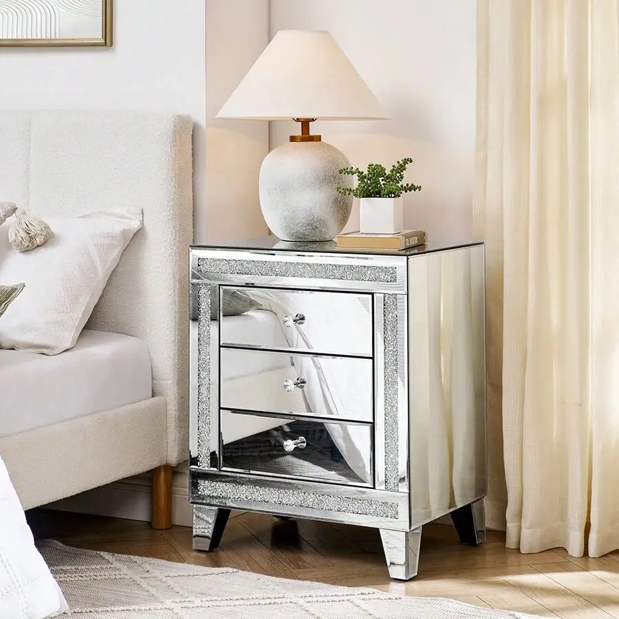 Mirrored Nightstand Glass End Table, 21.5" W Silver Night Stand Bedroom, Mirrored Bedside Table With Storage, Glass Mirror Nightstand