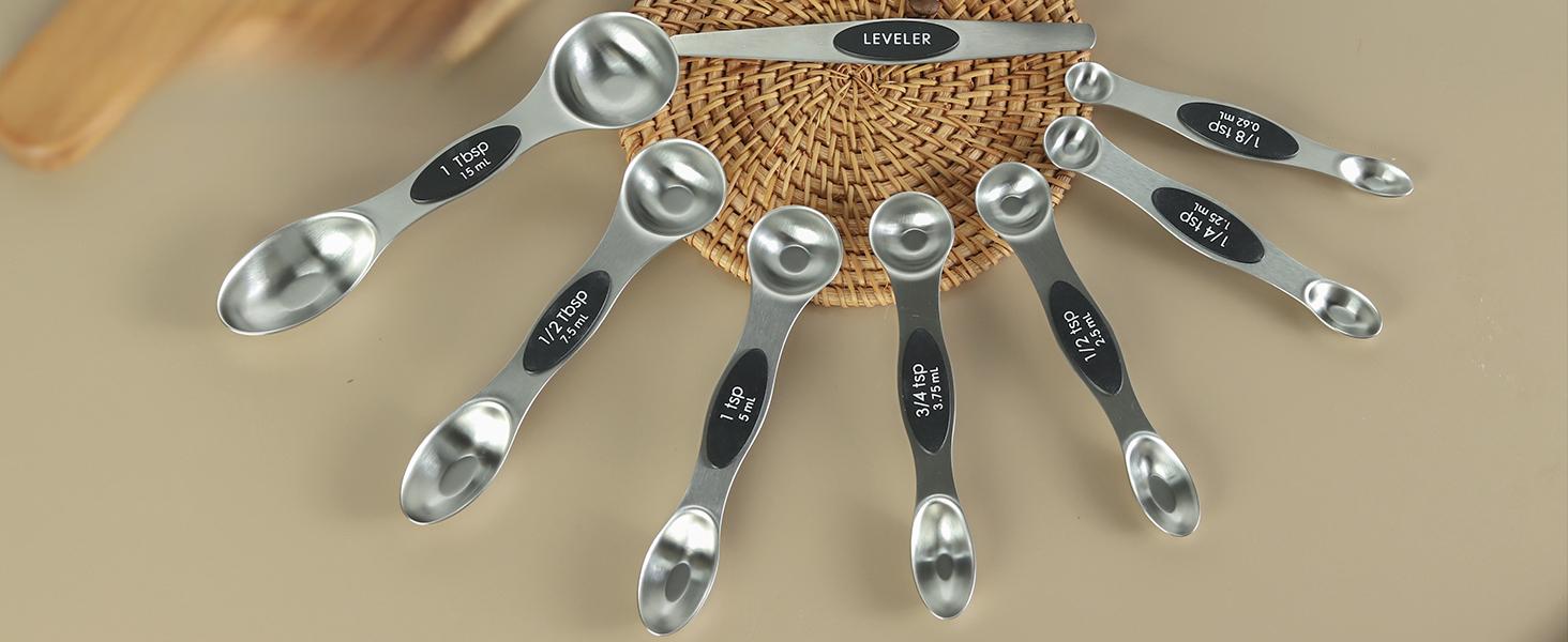 Pack of 8 Stainless Steel Magnetic Measuring Spoons Set, Dual Sided, Stackable, Adjustable Teaspoon and Tablespoon Measure Spoon with Leveler, Kitchen Gadgets