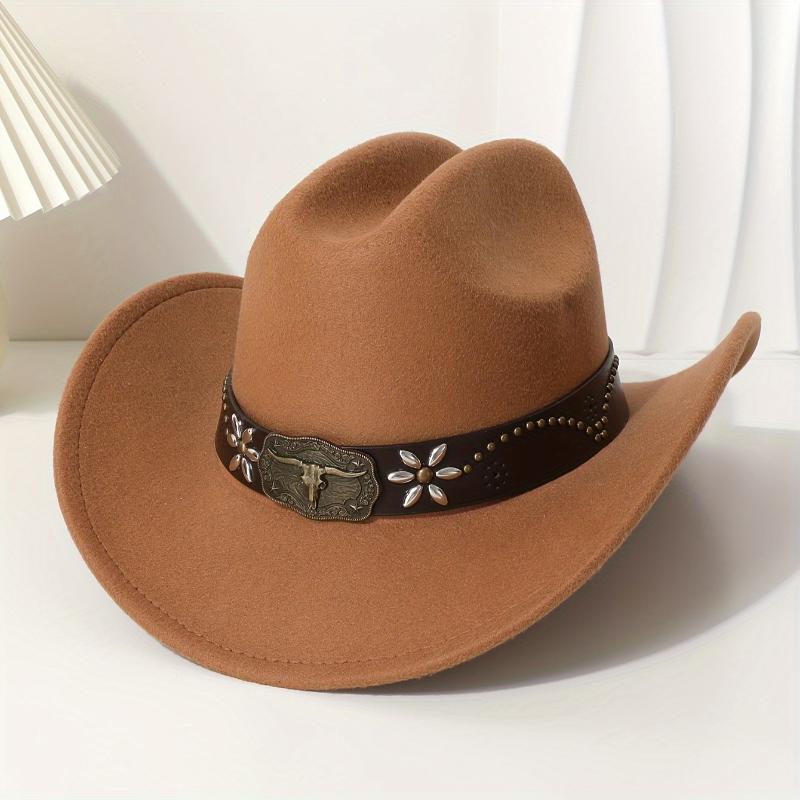 Wide Brim Western Cowboy Hat Fedora with Bull Head Band Decoration Unisex Cowboy Hat for Women and Men with Bull Head Band Decoration  main image 3