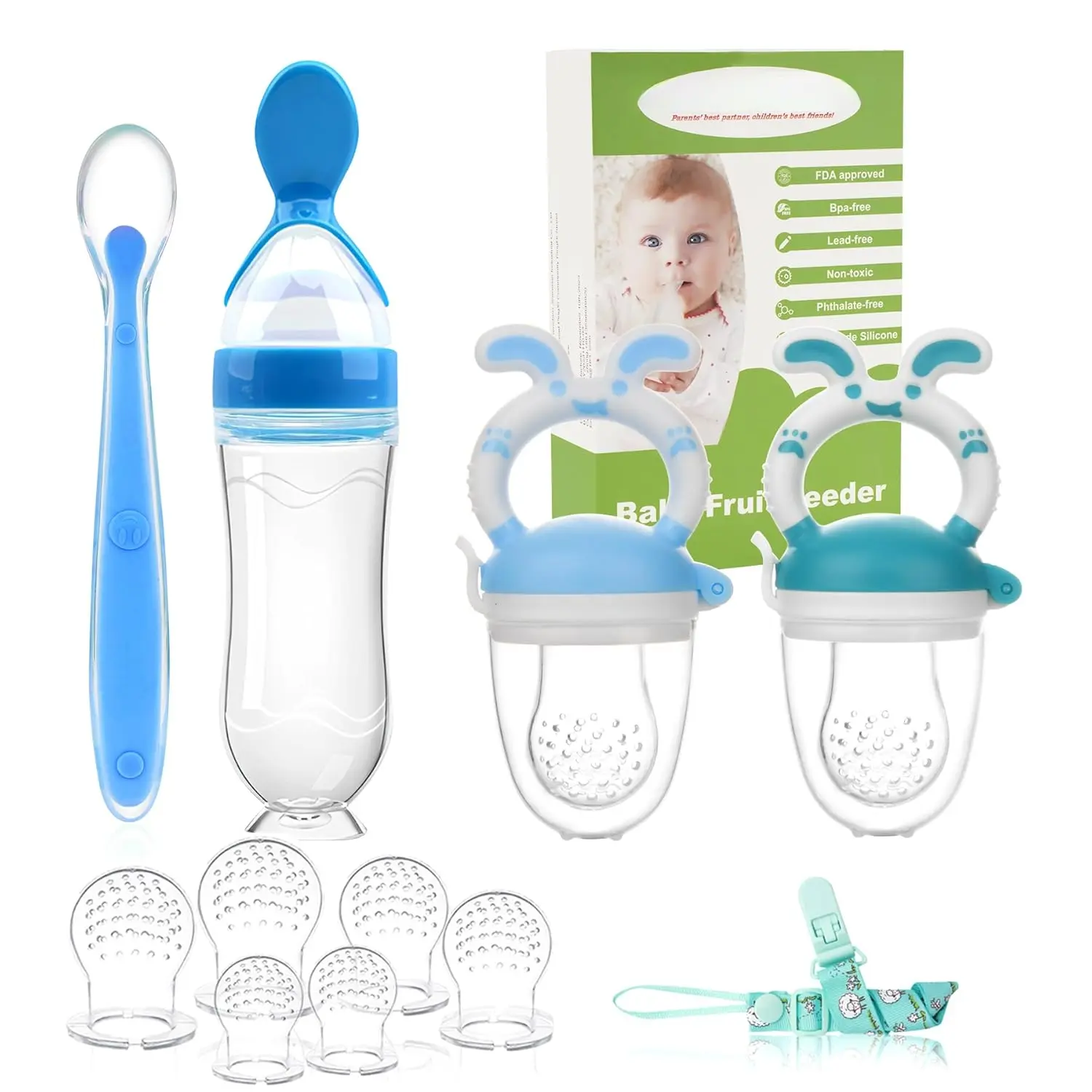 Baby Fruit Feeder Pacifier |   2 Infant Food Feeder Pacifier & Baby Food Dispensing Spoon |   Mesh Fresh Fruit Teethers  Babies Teething Feeders |   Shower Gifts  Boys and Girls (Blue)
