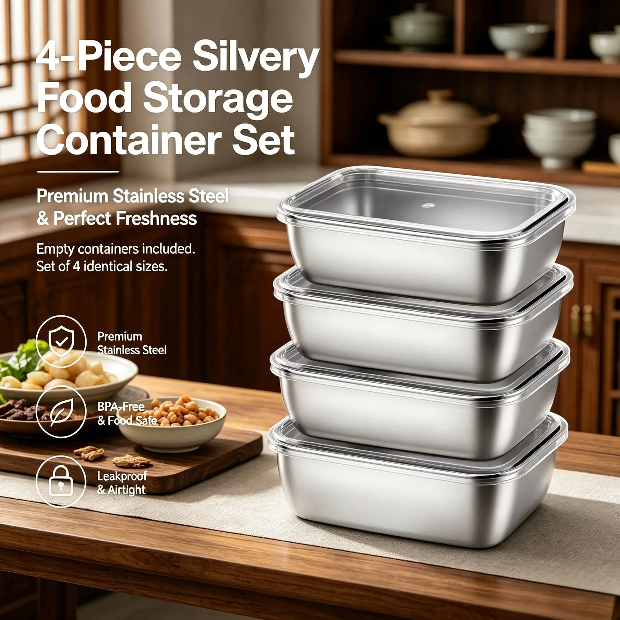 Thick Stainless Steel Food Storage Containers Set of 4, Stackable Design Saves Space, Suitable for Refrigerator, Freezer, Pantry, Fridge Storage Container