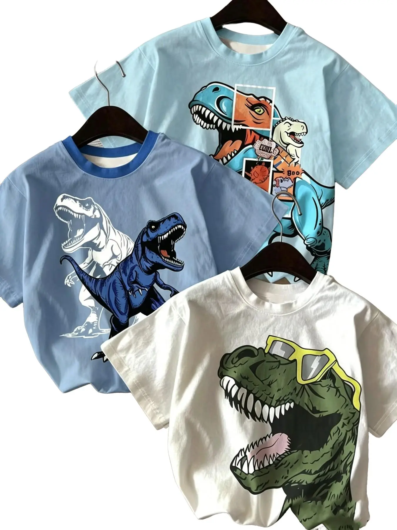 3-Pack Boys' 3D Dinosaur Print Short Sleeve T-Shirts, Casual Loose-Fit Summer Tops, Perfect for Daily Wear and Gifts