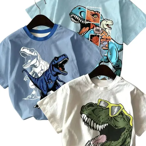 3-Pack Boys' 3D Dinosaur Print Short Sleeve T-Shirts, Toddler Graphic Tees, Animal, Casual Loose-Fit Summer Tops, Perfect for Daily Wear and Gifts
