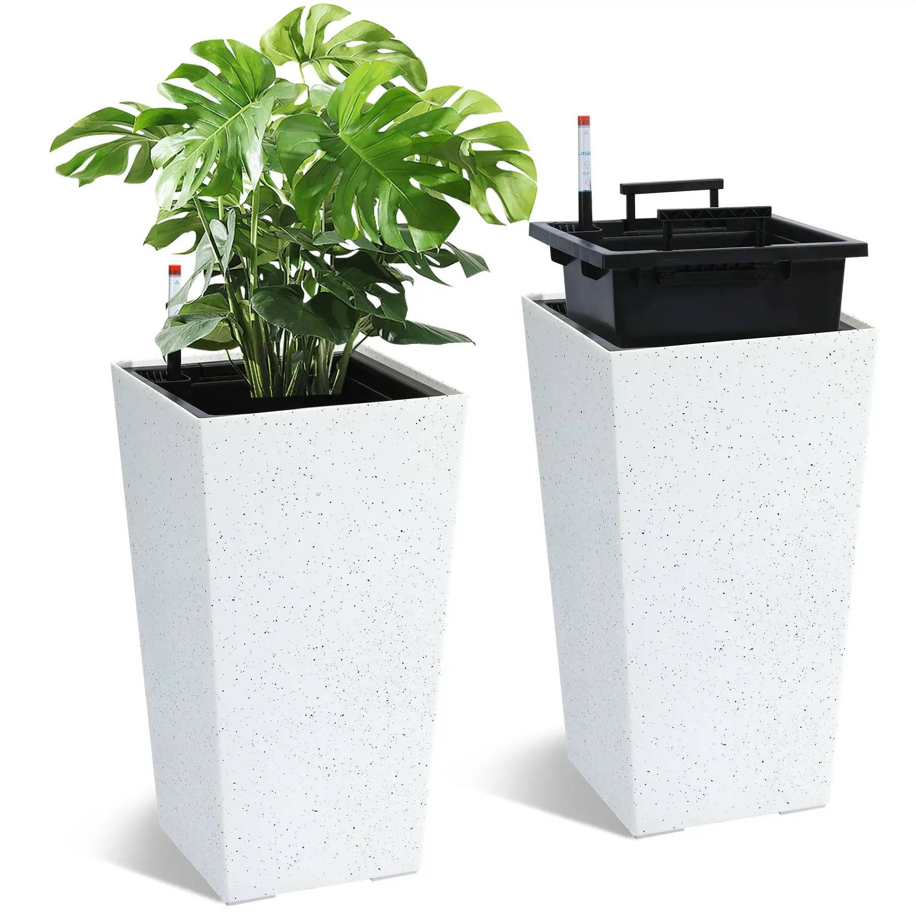 Set of 2 Tall Self Watering Planters 22.5 Inch Black Taper Resin Planter with Water Level Indicator, Indoor Outdoor Large Flower Pots for Front Porch Patio Decor