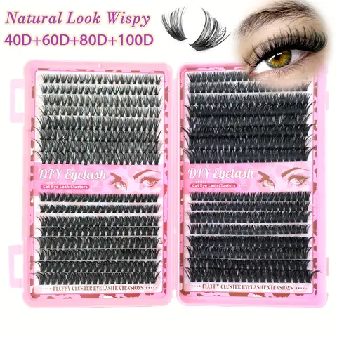 Large-Capacity  Eyelash Cluster Kit Mixed Styles, Natural Lash Clusters & Dense Long Curled Lashes DIY False Eyelashes Extensions Set. Includes multiple lengths, lash glue, tweezers, lash tape, D Curl. Perfect Valentine's Day Gift/Gift for Girls