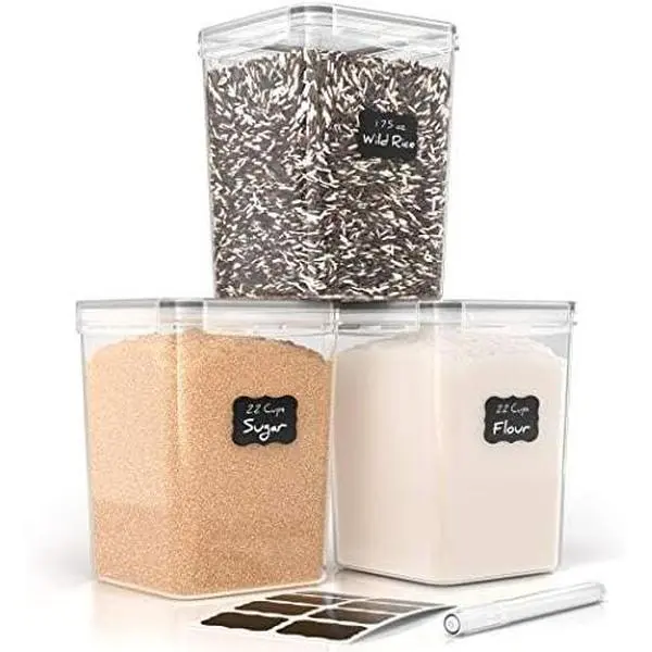 Airtight Flour and Sugar Containers with  – 3 count Kitchen Pantry Organization Set,  Clear Plastic, Stackable Canisters for Baking Ingredients, Rice, Snacks, Cereal