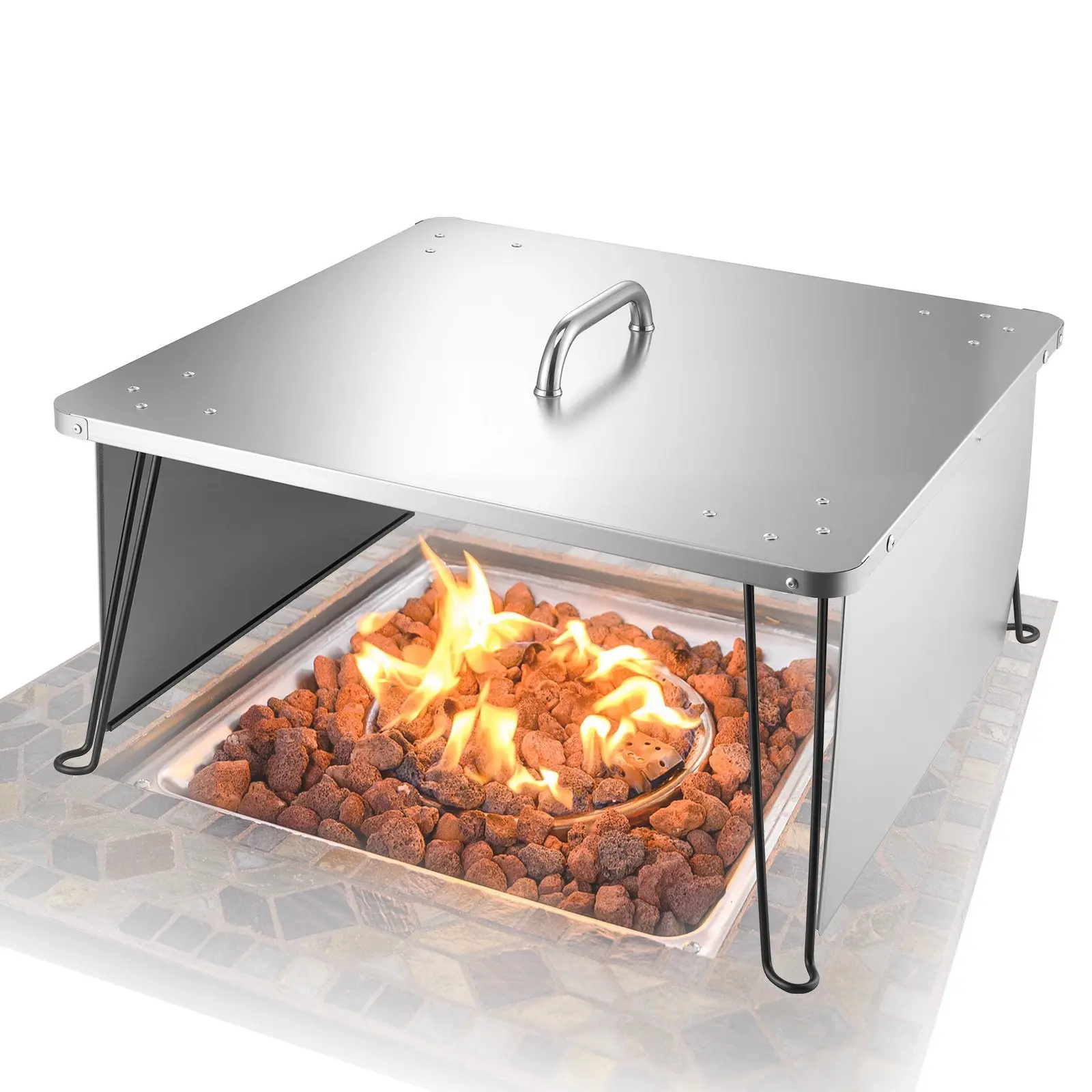 Fire Pit Heat Deflector 25x25x14 Inch Outdoor Heat Shield For Stainless Steel Burners, Weatherproof Durable Cover For Patio Garden Fireplace, Sparks And Scorch Prevention, Smoke Reduction, Windproof Shield, Easy Fit