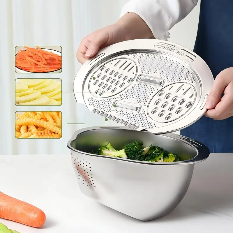 Stainless steel fruit cleaning basin. It has a filtering function. Equipped with potato and carrot slicers. It can be used for cleaning rice, fruits, vegetables, meat, and filtering pasta. This basin is a very practical auxiliary tool in the kitchen.