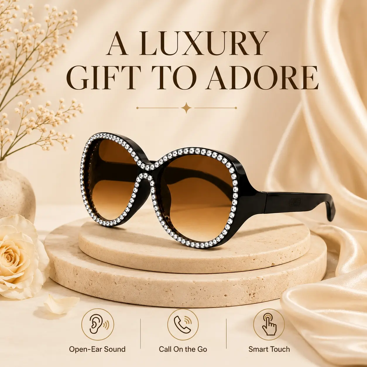 Luxury Rhinestone Smart Glasses for Women, Open-Ear Bluetooth Sunglasses with Speakers, Music, Hands-Free Calls and UV Protection, Multifunctional Audio Sunglasses