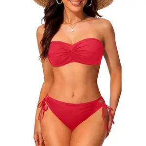 Yonique Women Strapless Bandeau Bikini Set - Tie Side Bathing Suit Full Coverage Swimsuit Tube Two Piece Swimwear