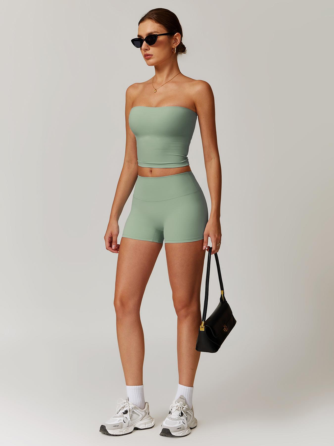 Women's Solid Color Crop Tube Top & Shorts Sportswear Set, Casual Comfy Breathable Two-piece Outfits for Yoga Gym Workout Running, Ladies Sportswear for All Seasons, Workout Running Clothes