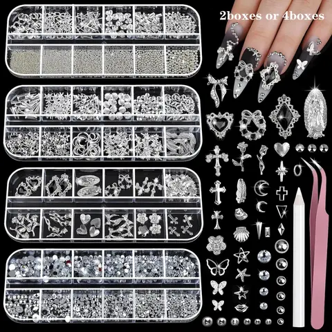 2-4 Boxes Nail Rhinestones Set, Silver Nail Jewelry, 3D Cross and Heart Design, DIY Nail Art Accessories, Resin & Metal Nail Charms, Nail Decoration Supplies, Gems For Nails