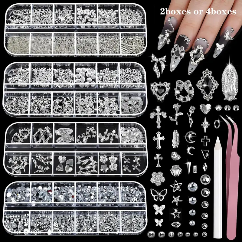 2-4 Boxes Nail Rhinestones Set, Silver Nail Jewelry, 3D Cross and Heart Design, DIY Nail Art Accessories, Resin & Metal Nail Charms, Nail Decoration Supplies, Gems For Nails