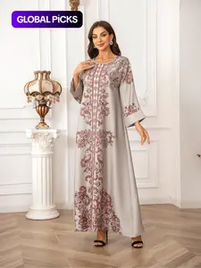 Elegant Boho Muslim Women's Long Robe Caftan, All over Print, Loose-Fitting, Round Neck, Flap Sleeves, Long Sleeve, All Seasons, Maxi, Kaftan Style, Muslim Kaftan