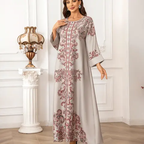 Elegant Boho Muslim Women's Long Robe Caftan, Islamic Caftan Dress, All over Print, Loose-Fitting, Round Neck, Flap Sleeves, Long Sleeve, All Seasons, Maxi, Kaftan Style, Muslim Kaftan #GLOBAL PICKS