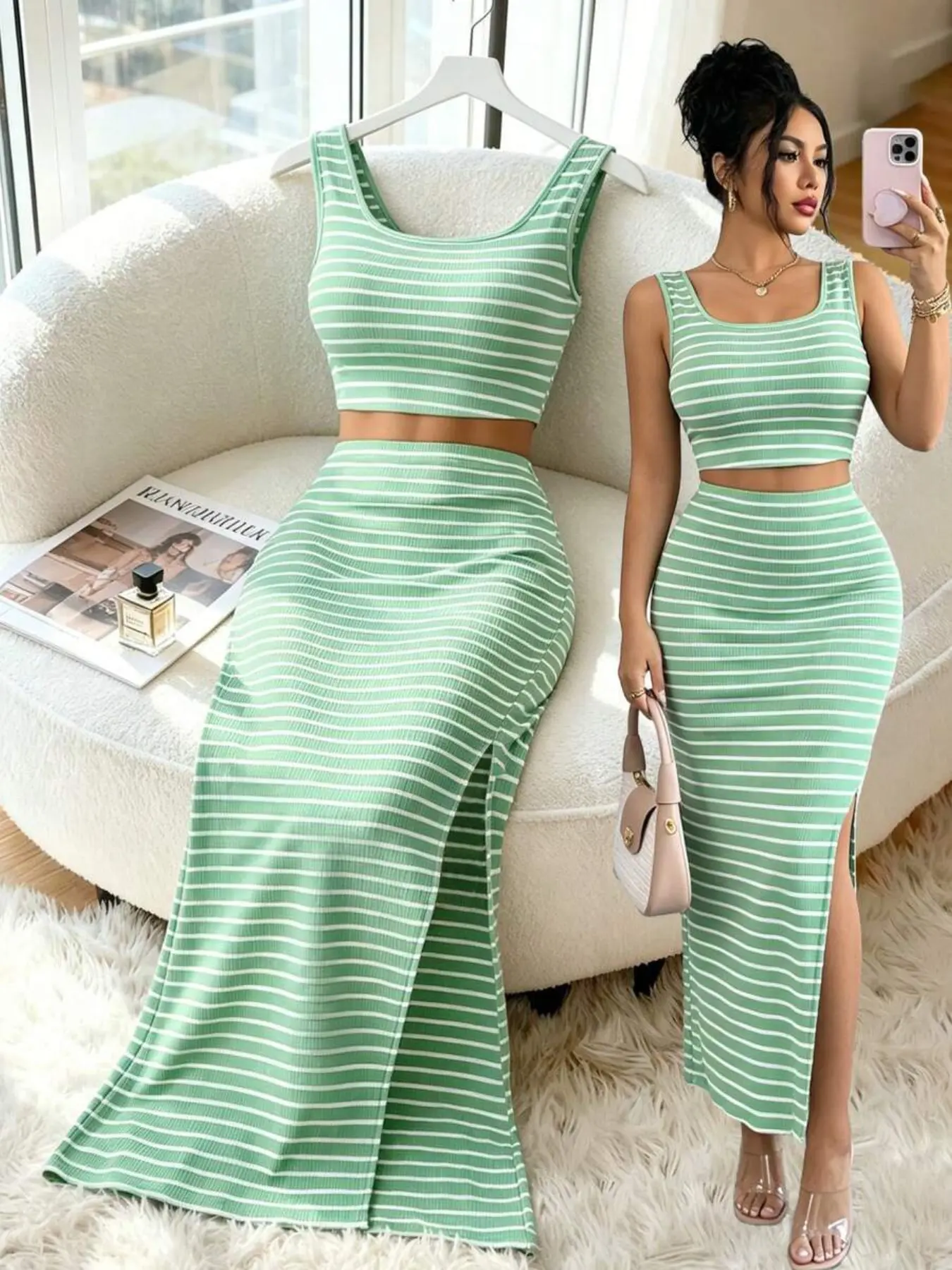 Women's Striped Square Neck Crop Top and High Waist Split Slit Skirt Set, Fashionable Chic Two-Piece for Daily Wear, Party, Holiday