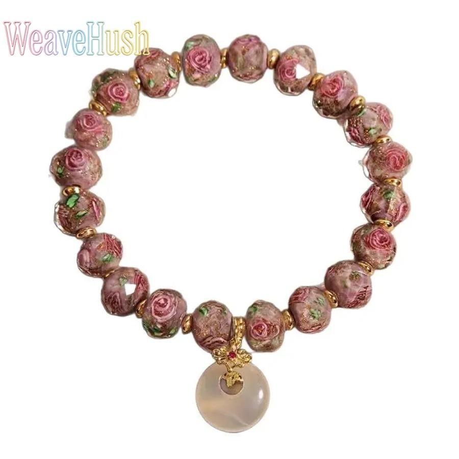 2026 Luxury Handcrafted Glass Bead Bracelet for Women with Peace Knot & Rose Flower Charms, Elegant Symbolic Fashion Jewelry with Delicate Detailing, Versatile Stylish Accessory Perfect for Casual Daily Outfits, Formal Events, Dates, Anniversaries & Meani