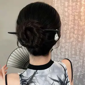 New Chinese Style Pearl Wood Hair Sticks for Women Simple Black Curved Temperament Disk Hairpin Headwear Hair Accessories