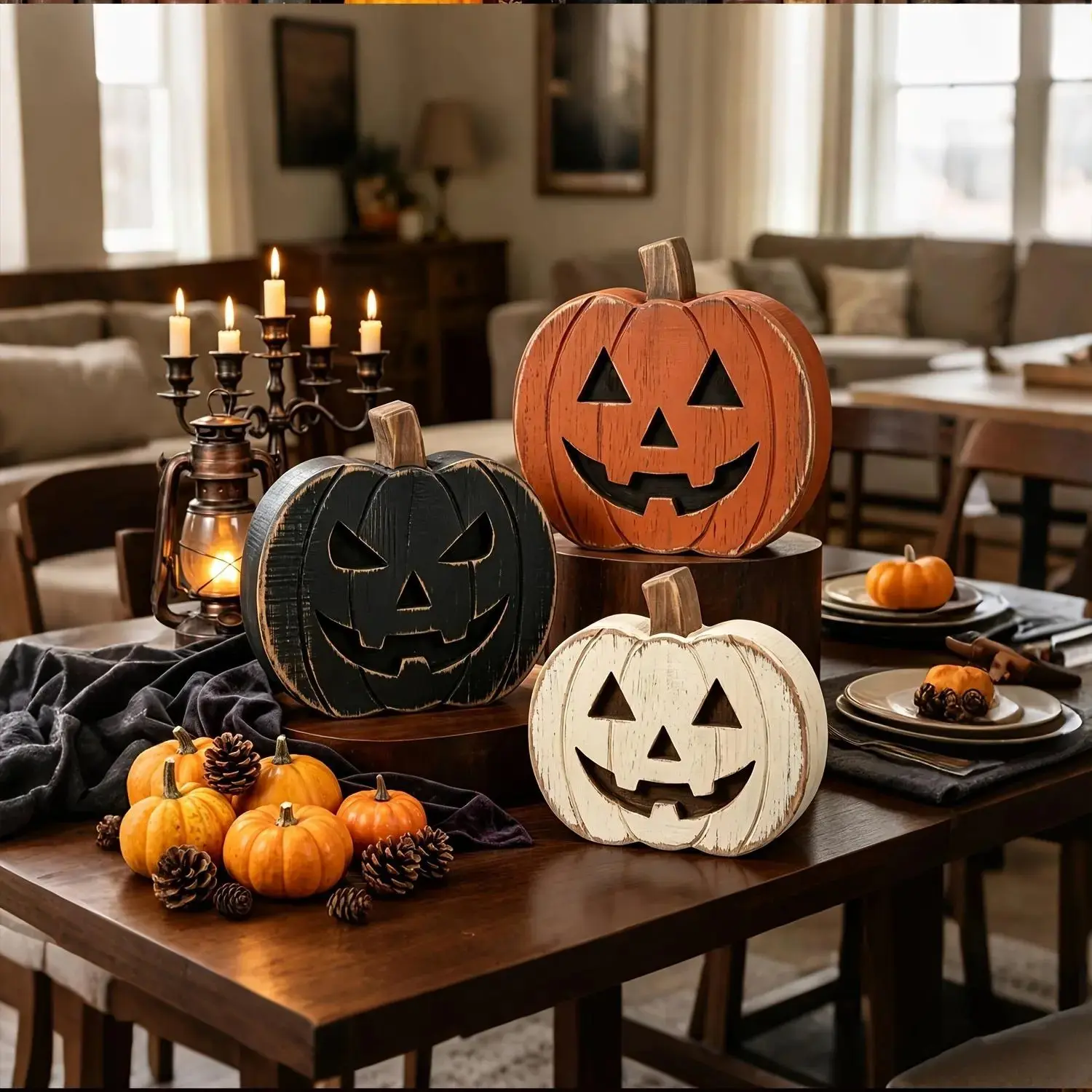 Wooden Ghost Pumpkin Ornaments - Nostalgic Halloween Holiday Decor, Festive Decoration, Farmhouse Table Centerpiece, Fall Shelf Accent, Rustic Kitchen Coffee Bar Sign, Decorations Accessories