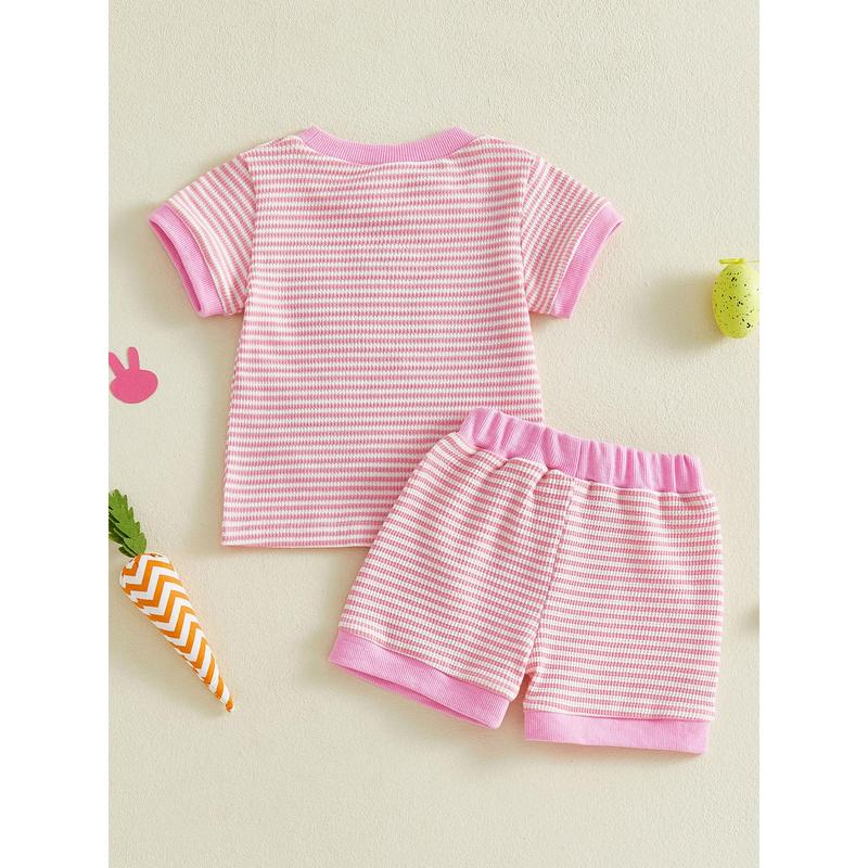 Toddler Baby Little Girl Easter Shorts Set Short Sleeve Carrot Bunny Letter Embroidery T-Shirt and Shorts Outfits 0-3 Years