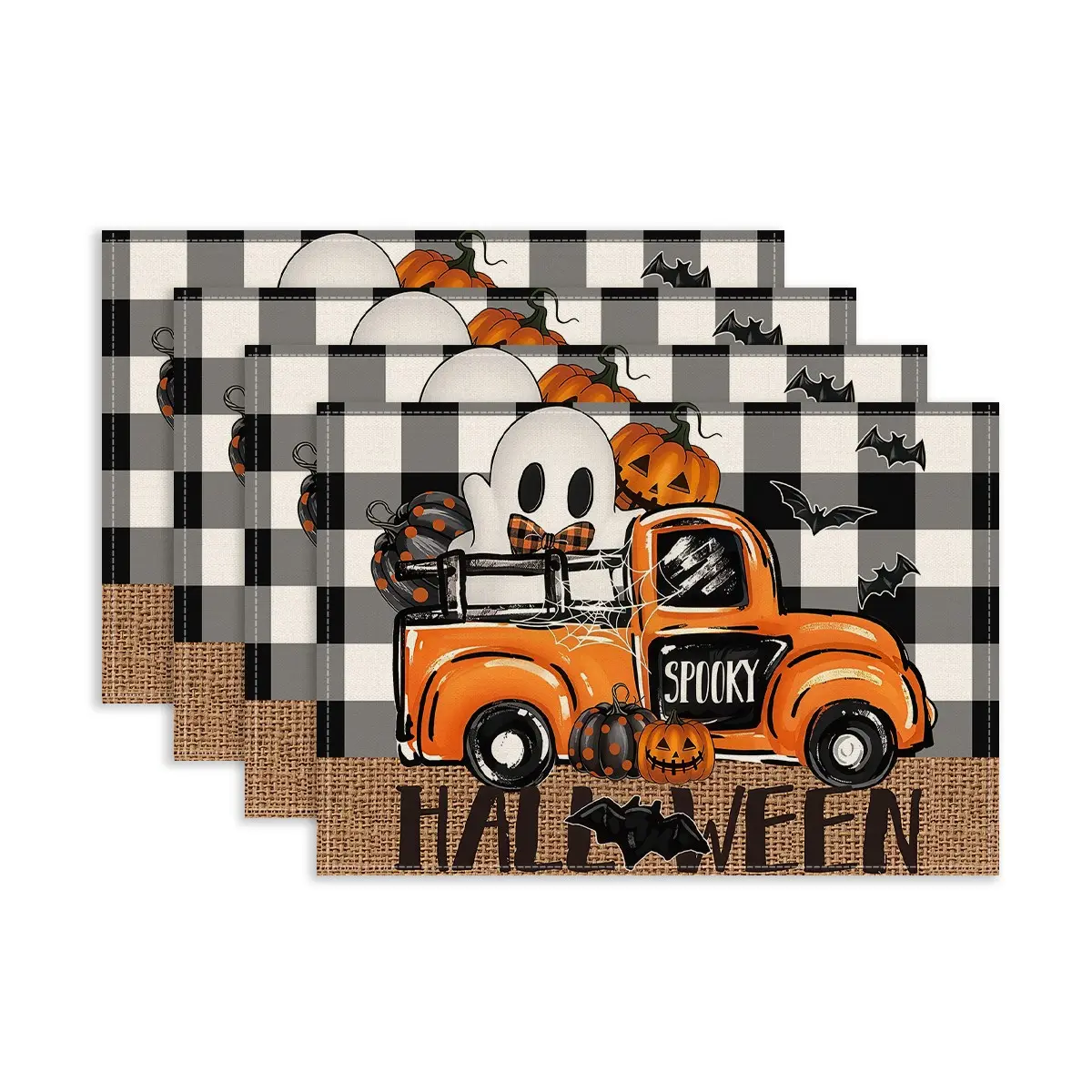 4/5/6/7pcs Halloween table flag placemat set, black and white buffalo grid truck ghost print Halloween party insulation table mat, desktop decoration tableware mat, home restaurant and bar counter desktop decoration insulation mat, Halloween decoration