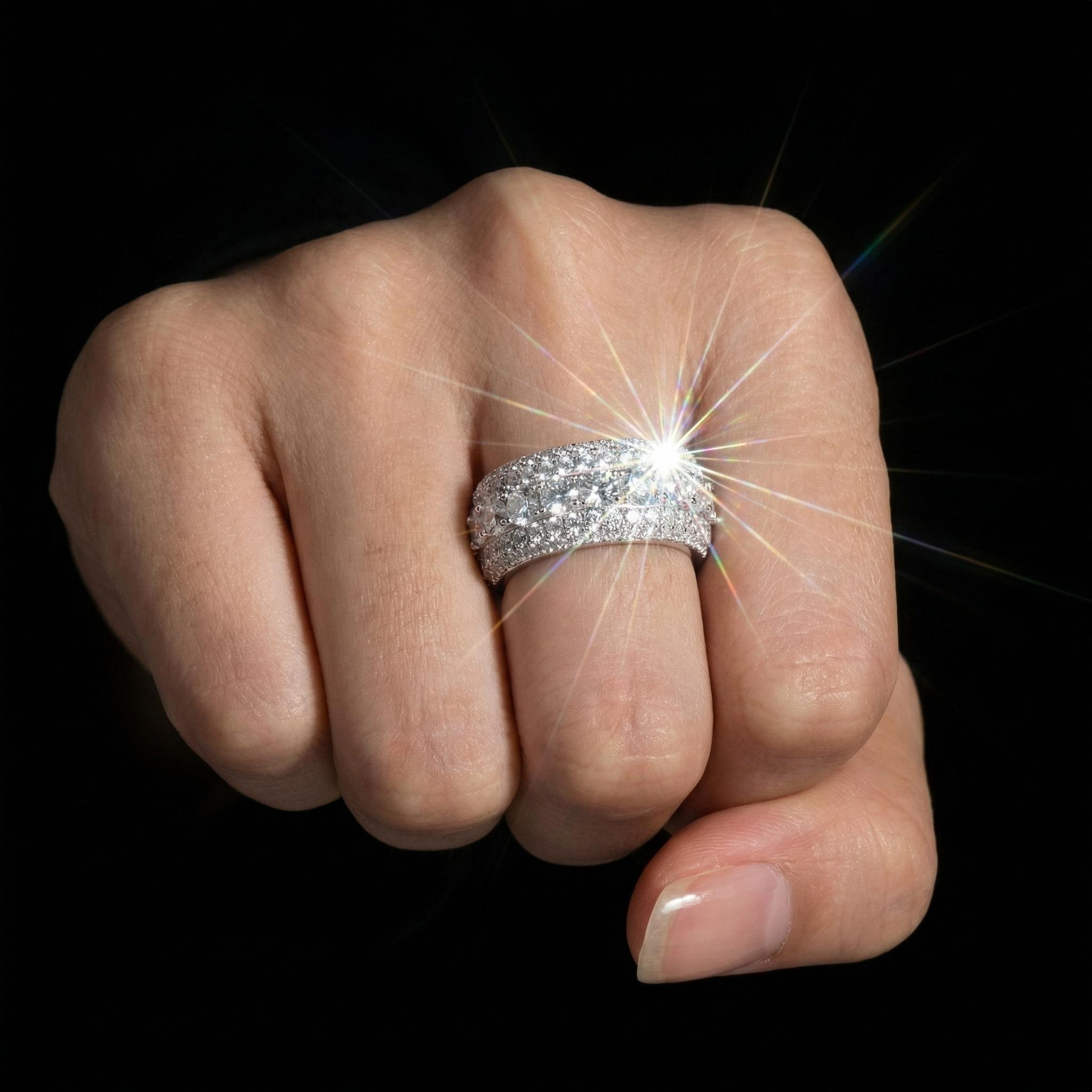 Moissanite Ring for Women - Triple Row Pave Setting D Color VVS1 Clarity 9.25 Hardness Lab Grown Diamond Alternative Engagement Wedding Band