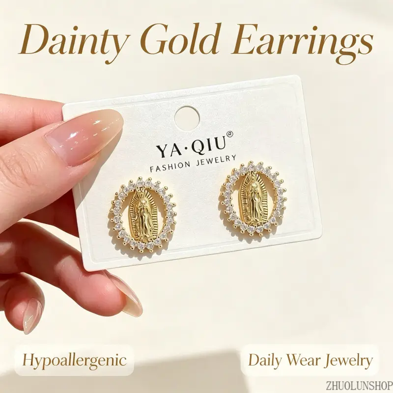 18K Gold Plated Our Lady of Guadalupe Stud Earrings, Cubic Zirconia Border Virgin Mary Religious Earrings, S925 Silver Pin Dainty Catholic Faith Jewelry, Luxury Minimalist Gift for Women hypoallergenic hoop accessories men Surgical Steel Set leo skepi