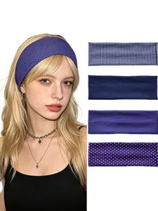 4Pcs Blue-Purple Series Polka Dot & Plaid Headbands, Retro Y2K Style Wide Elastic Hair Bands, Non-slip Comfortable Design, Ideal for Daily Wear, American Retro Outfits and Music Festivals