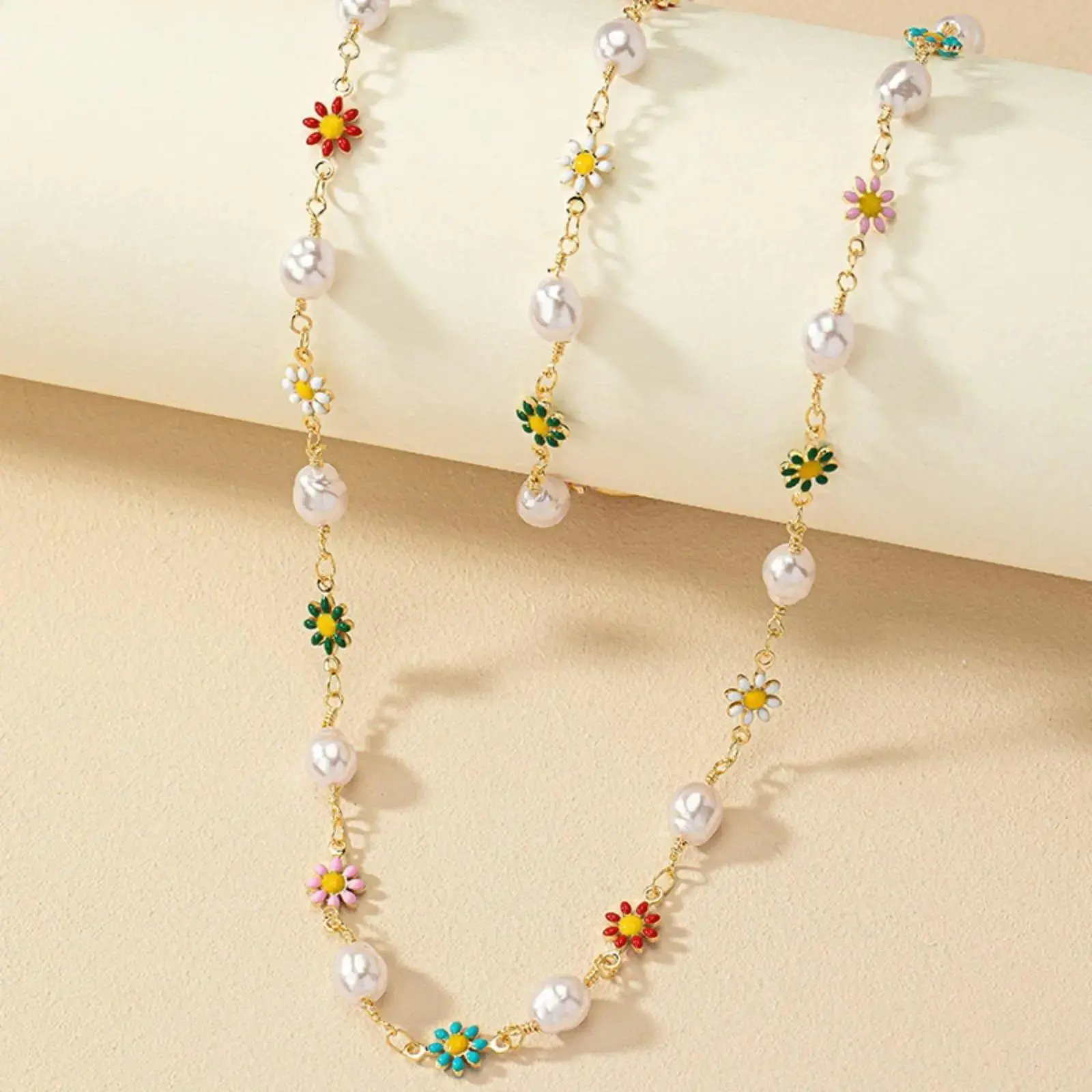 Women's 2-Piece Daisy Flower & Simulated Pearl Beaded Chain Jewelry Set - Floral Beads Necklace & Bracelet, Elegant Minimalist Accessories for Daily Commute, Casual Wear, Gifts for Women