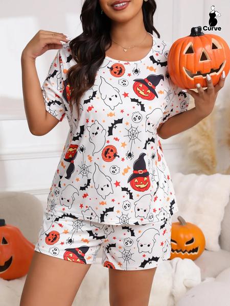 【Plus Size】Halloween Skull Ghost and Pumpkin Print Tee & Elastic Waist Shorts Pyjama Two-piece Set, Casual Comfy Round Neck Short Sleeve T-shirt & Shorts Pj Set, Women's Sleepwear for Fall