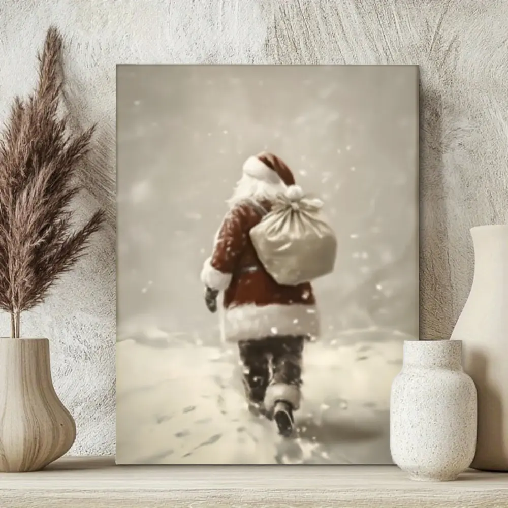 Vintage Christmas, Canvas Wall Art, Santa Claus Walking In Snow With Gift Sack, High Definition Giclee Print On Premium Cotton Canvas, Living Room Bedroom Holiday Decor, 1 Piece Unframed