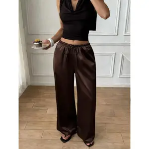 Women's Satin Wide Leg Pants Waist Dragging Long Pants Loose Drape Casual Pants Elegant Commuter Travel Two-Wear