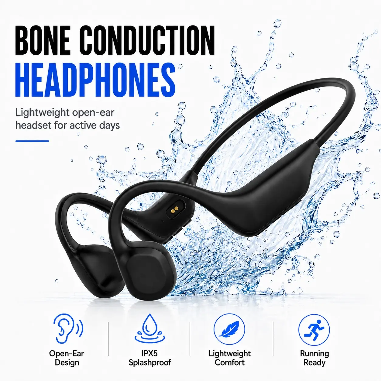 Open-Ear Bluetooth Bone Conduction Headphones, Sports Headset with Mic, IPX5 Water Resistance and Secure Fit for Running Gym Workouts