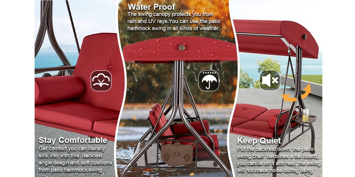 3-Seat Outdoor Patio Swing Chair, Swing Glider with Removable Cushion and Convertible Canopy, Ideal for Deck, Patio, Garden