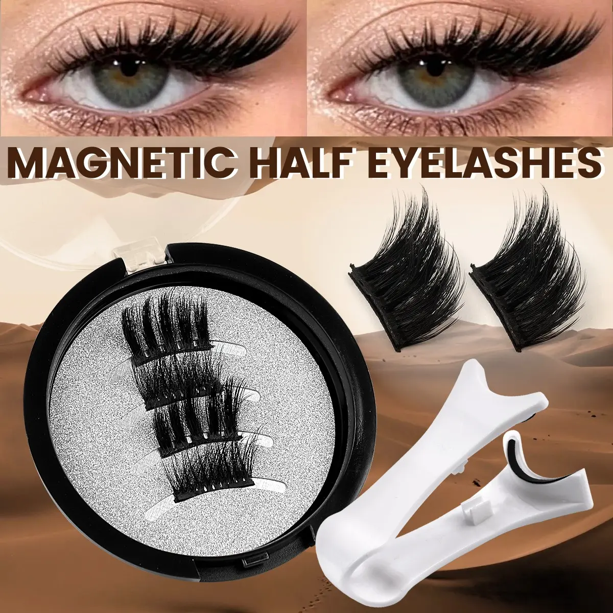 MAANGE Cat Eye Magnetic Half Eyelashes Kit, Flared Double Layer Magnetic Lash, Elongated Eye Effect Wispy Voluminous False Lashes, Reusable Soft Magnetic Lashes with Applicator, No Glue Needed, Easy Quick Wear for Daily Party Makeup for Women