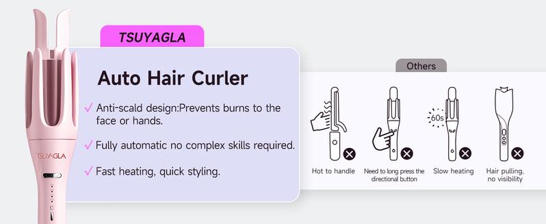 3 in 1 Automatic Curling Iron with 3 Curling Barrels 1" - 1.25" - 1.5" Rotating Iron 3 Temp Settings 10S Fast Heating Anti-Scald Dual Voltage Pink Hair Styling Tool Handle Gift