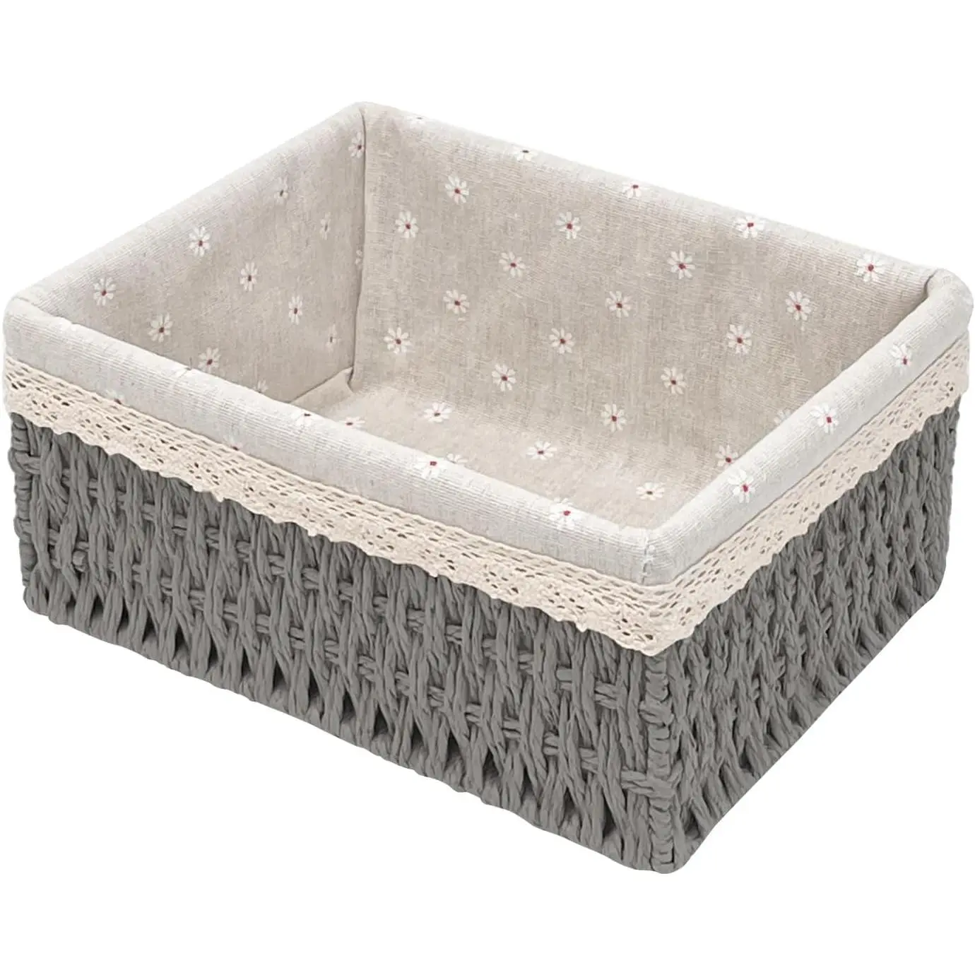 Large Wicker Storage Basket with Liner, Hand-Woven Paper Rope Rattan Organizer Bin for Pantry, Countertop, Bathroom, Bedroom, Shelves (Grey, L)