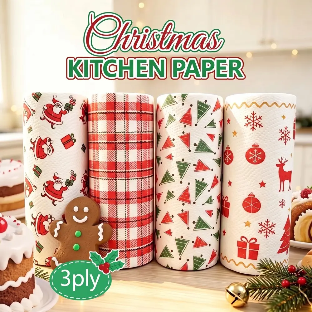 Christmas Kitchen Paper Towel, thick 3-layer material with 4 festive Christmas pattern options, highly absorbent design for dry and wet cleaning with reusable use, ideal for home kitchen cleaning, holiday table decor, Christmas parties and practica