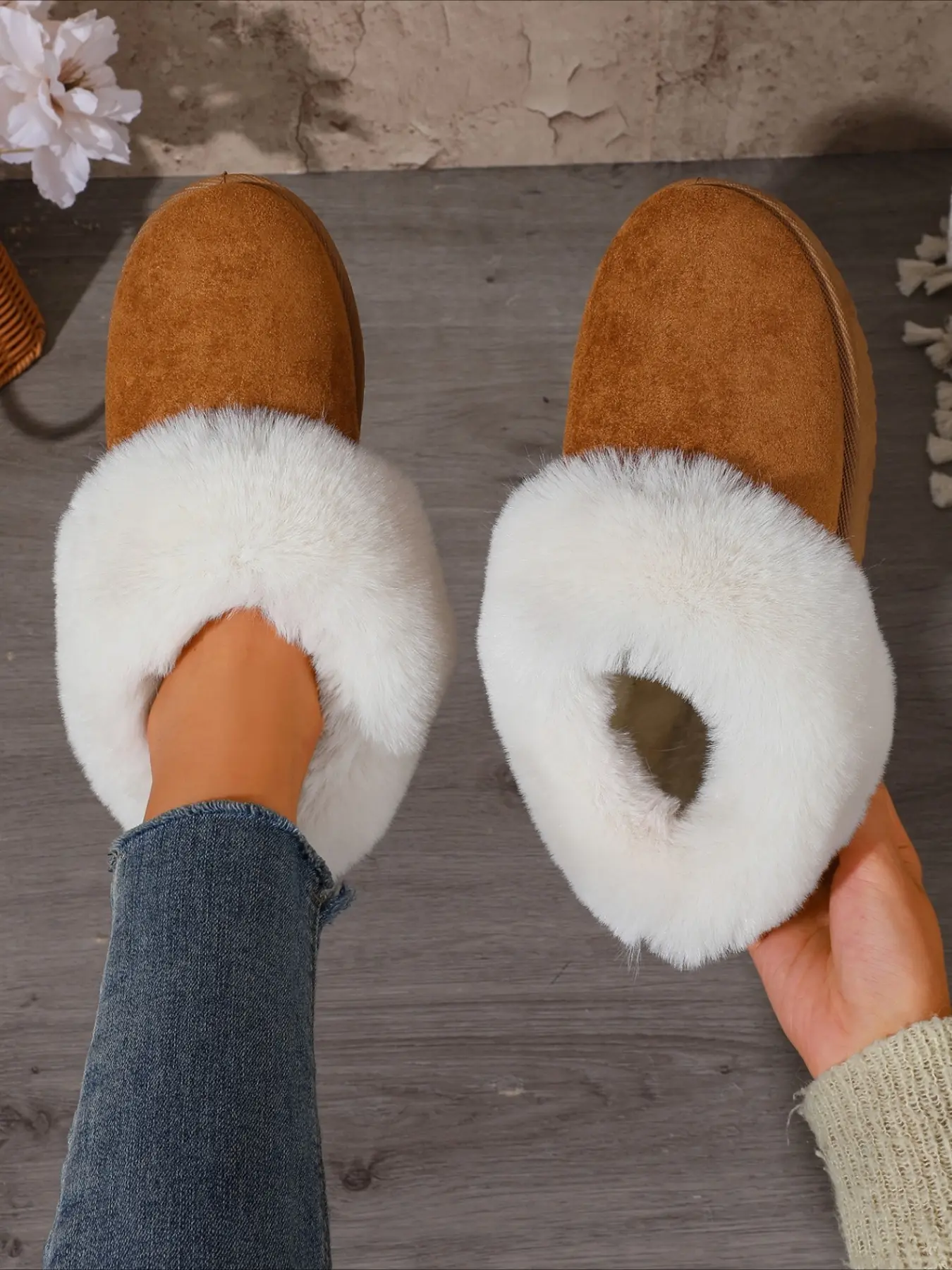 Slip-on snow slippers with fluffy wide trim flat anti-slip sole warm plush lining multi-color casual indoor outdoor women winter footwear