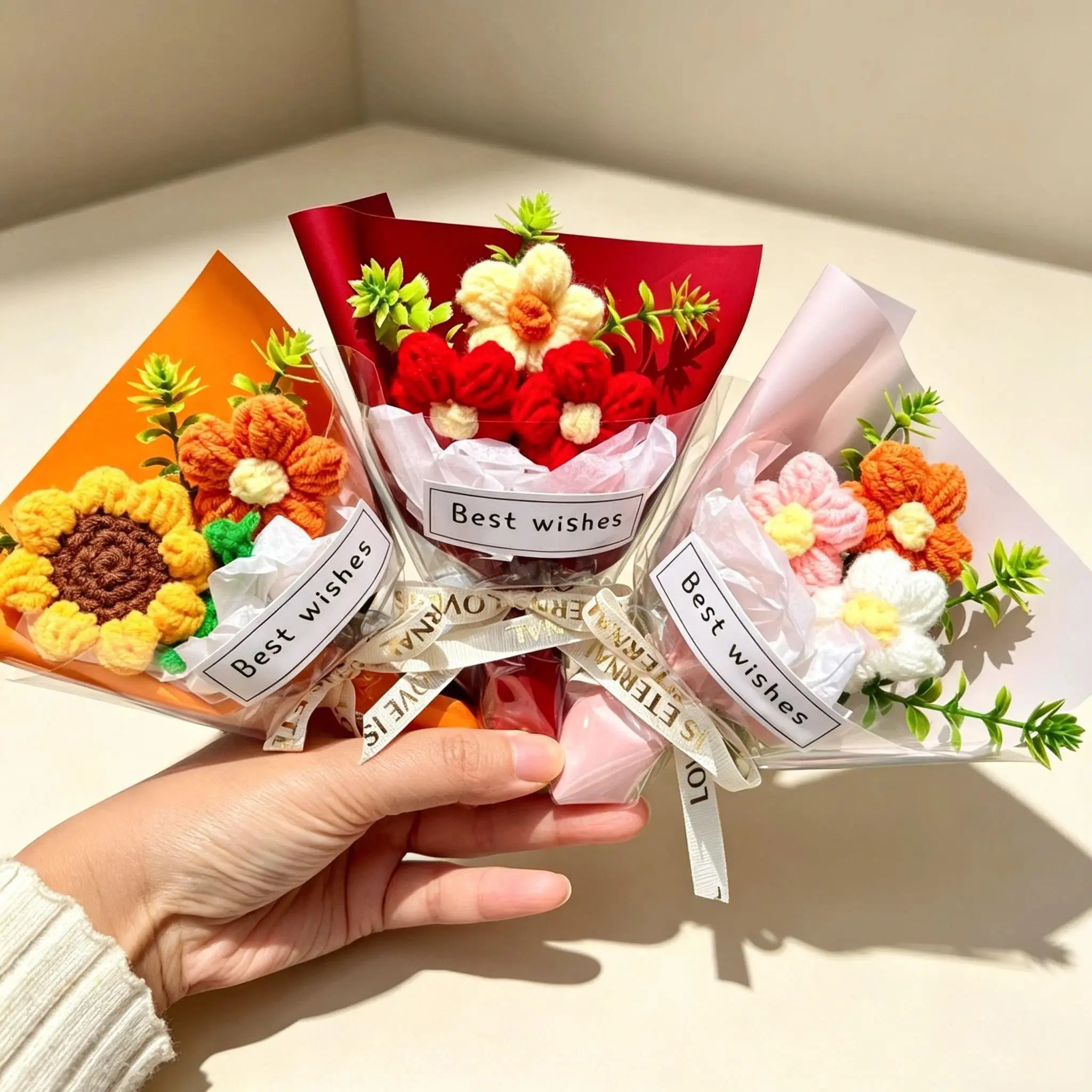 Mini Crochet Flower Bouquet, Handmade Knitted Small Flower Bouquet Gift for Birthday Graduation Party,Realistic, lifelike and fresh small flower ornaments for desktop decoration, ideal holiday gifts suitable for women & men, Crocheted Bouquet