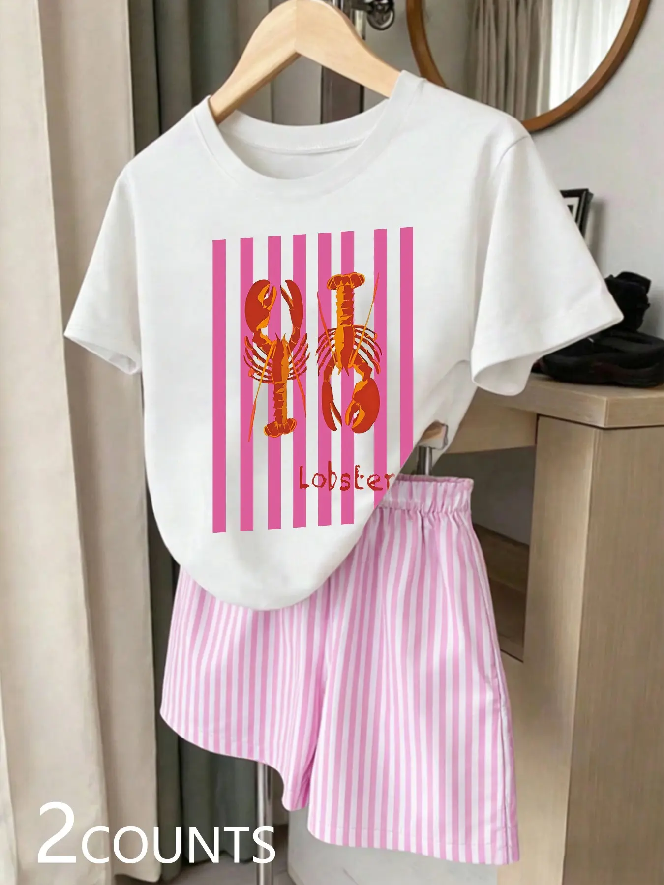 Women's Lemon Letter Print Round Neck T-Shirt + Plaid Shorts Set, Casual Loose-Fit T-Shirt, Ideal for Daily Wear, Outdoor Activities, Clothes