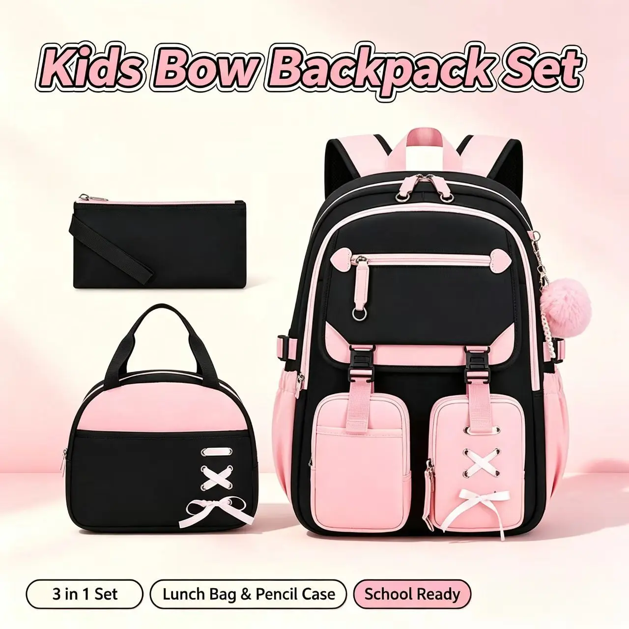 Girls' 3-Piece Polyester Backpack Set Pack - Bow Print, Contrast Color Bow Charms, Fluffy Pom Pom Charm, Lunch Bag, Pencil Case, Multi Comp., Large Storage, Cute Design for School Day Use, Cute Look
