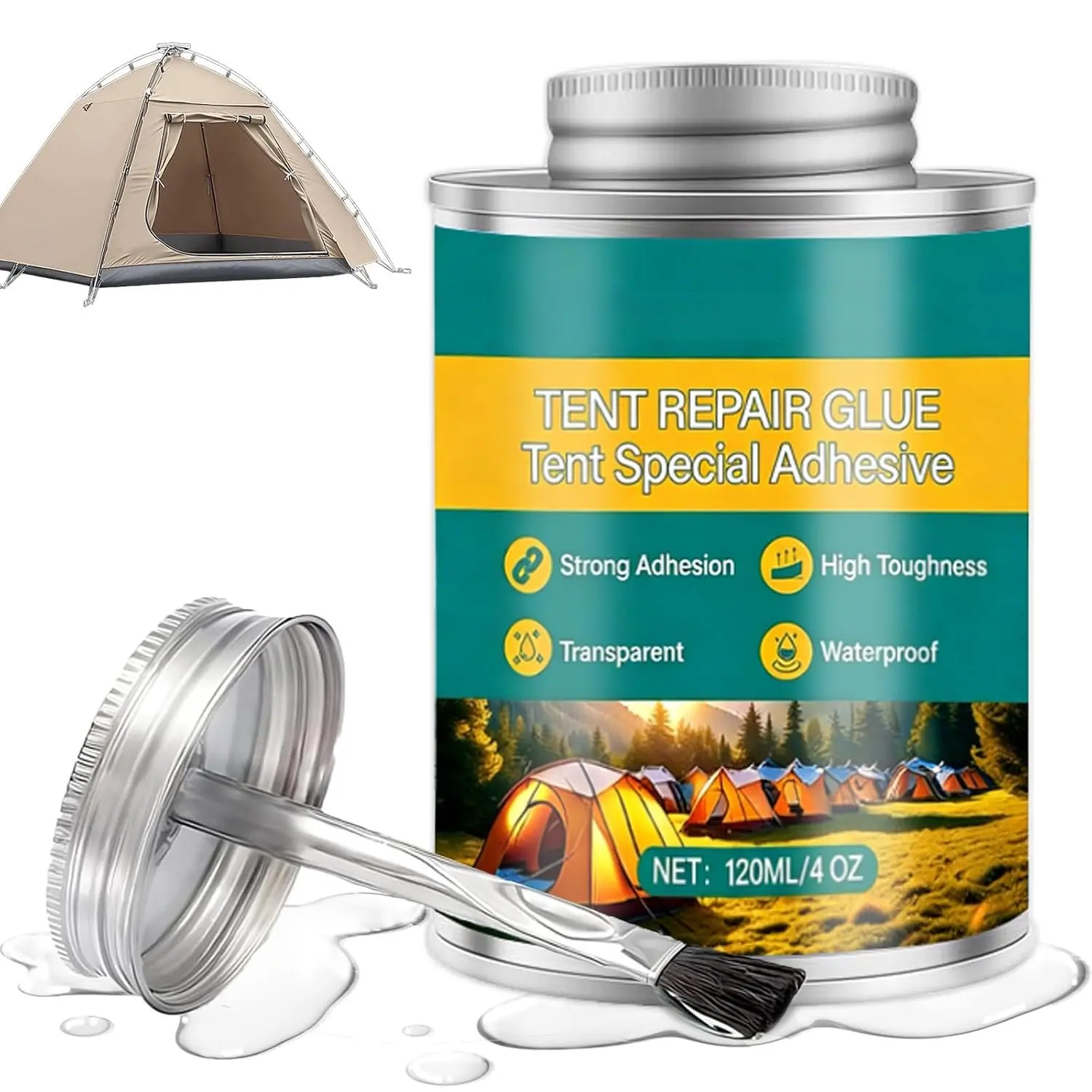 4OZ Tent Repair Glue, Tent Adhesive with Brush,Tent Seam Sealer,Clear Flexible Sealant for Tent,Sleeping Pad,Awning & Outdoor Fabric,Works  Nylon,Canvas,Vinyl