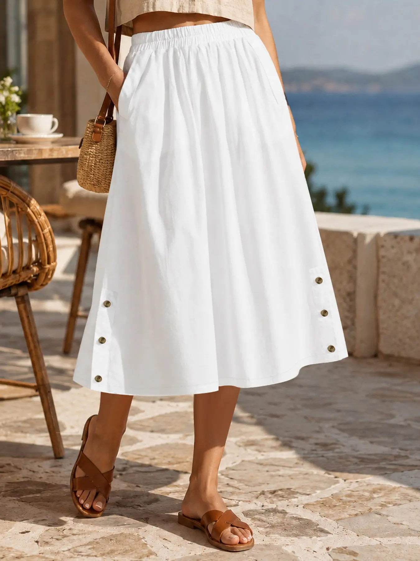 Hot Selling White Midi Skirt Women High Waist Elastic Waist with Pockets Side Button Detail Summer Casual Chic Vacation Outfit TikTok Viral Skirts with Pockets