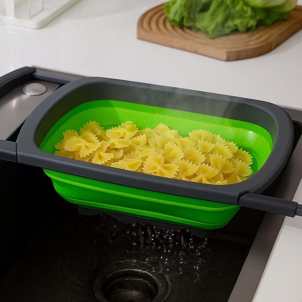 6 Quart Collapsible Colander Strainer, Over-the-Sink Vegetable & Fruit Basket with Sturdy Extendable Handles – Space-Saving Kitchen Tool