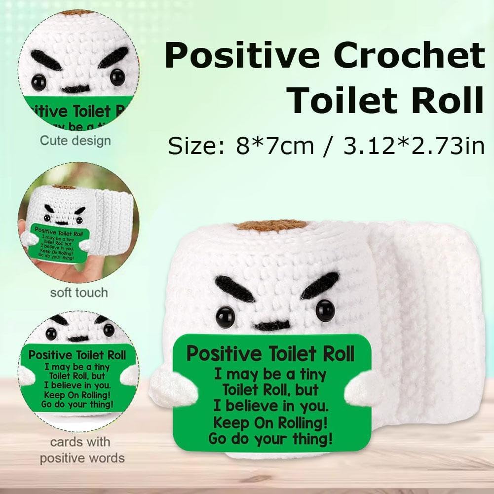 Super cute hand knitted positive toilet paper roll doll with inspirational vibes! Unique funny decor for bedroom, office and desk, a creative gag gift for women, men and friends. Small and amusing, it lifts mood instantly with its cheerful positive energy
