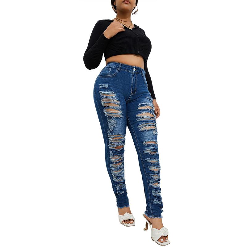 Women's Plus Size Stretchy Skinny  jeans in black Ripped Distressed Denim, Basic Style Ankle-Length Denim Pants
