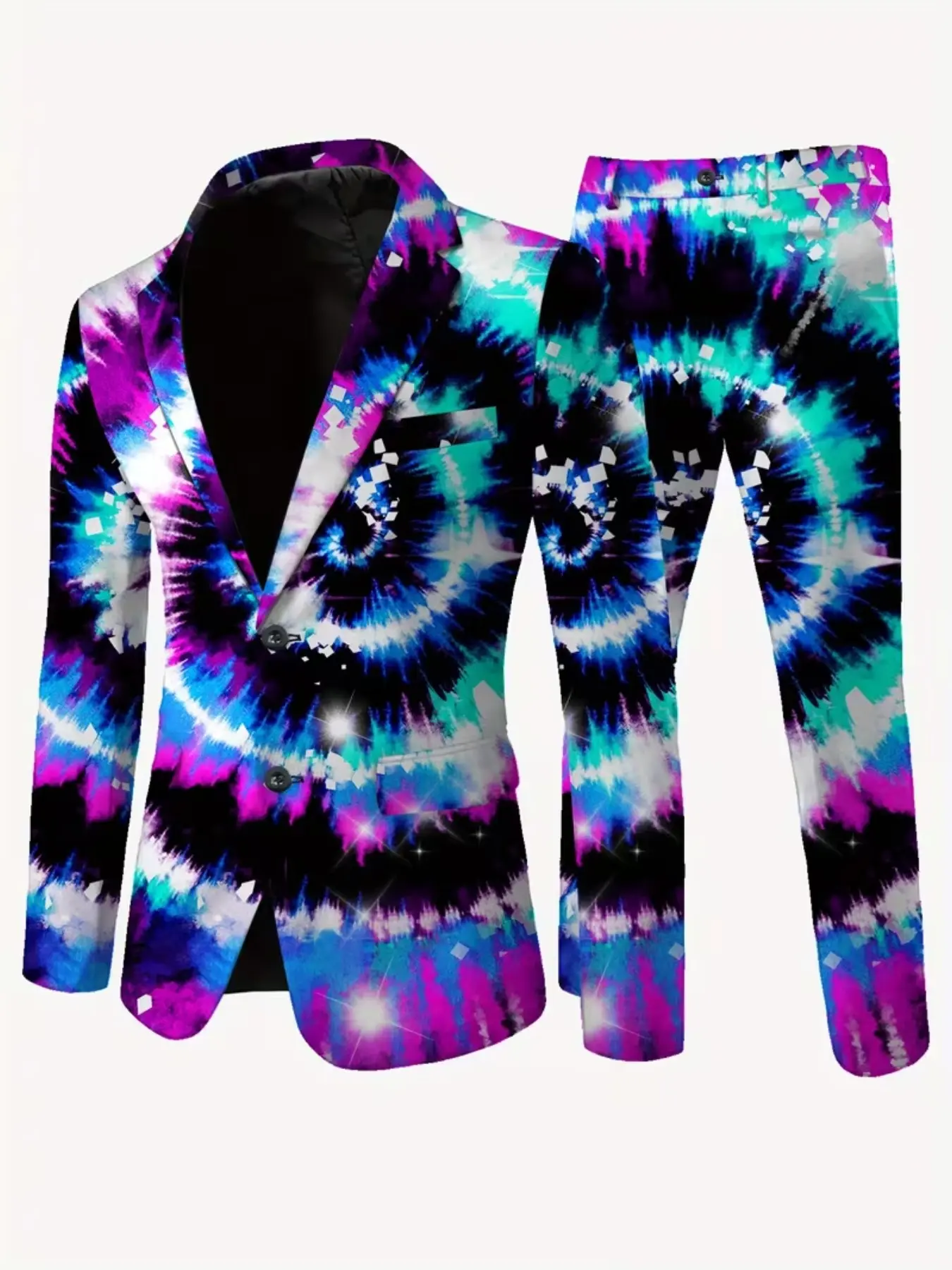 Men's Two-Piece Blazer Set, Vibrant Tie-Dye Spiral Print, Slim-Fit Long Sleeve Jacket and Pants, Party Festival Formal Wear