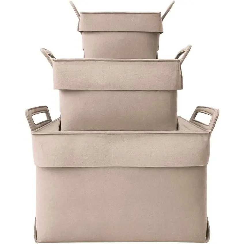 meaningLAB 3  Sizes Collapsible Felt Storage Box - 2in1 Function with Lid - Versatile Felt Storage Bins for Closet, Cube Organizer, Makeup & Basket (Beige)